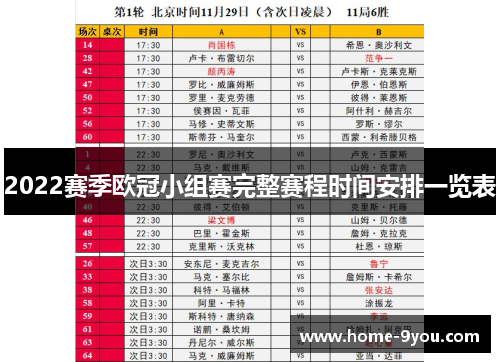 2022赛季欧冠小组赛完整赛程时间安排一览表